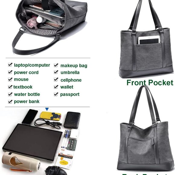 Laptop Bag for Women - Teacher Canvas Tote Bag with Compartments, Work Tote Bag - Picture 5 of 7
